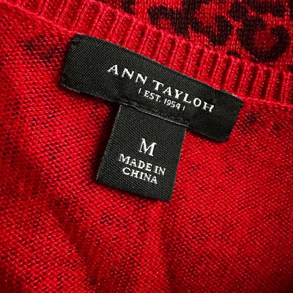 Ann Taylor Red Cheetah Animal Print Cardigan Sweater Silk Cashmere Medium Fall - Picture 5 of 8
